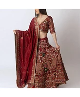 Raas Women's Hand Embroidered Red Silk Lehenga Choli with Sleeves