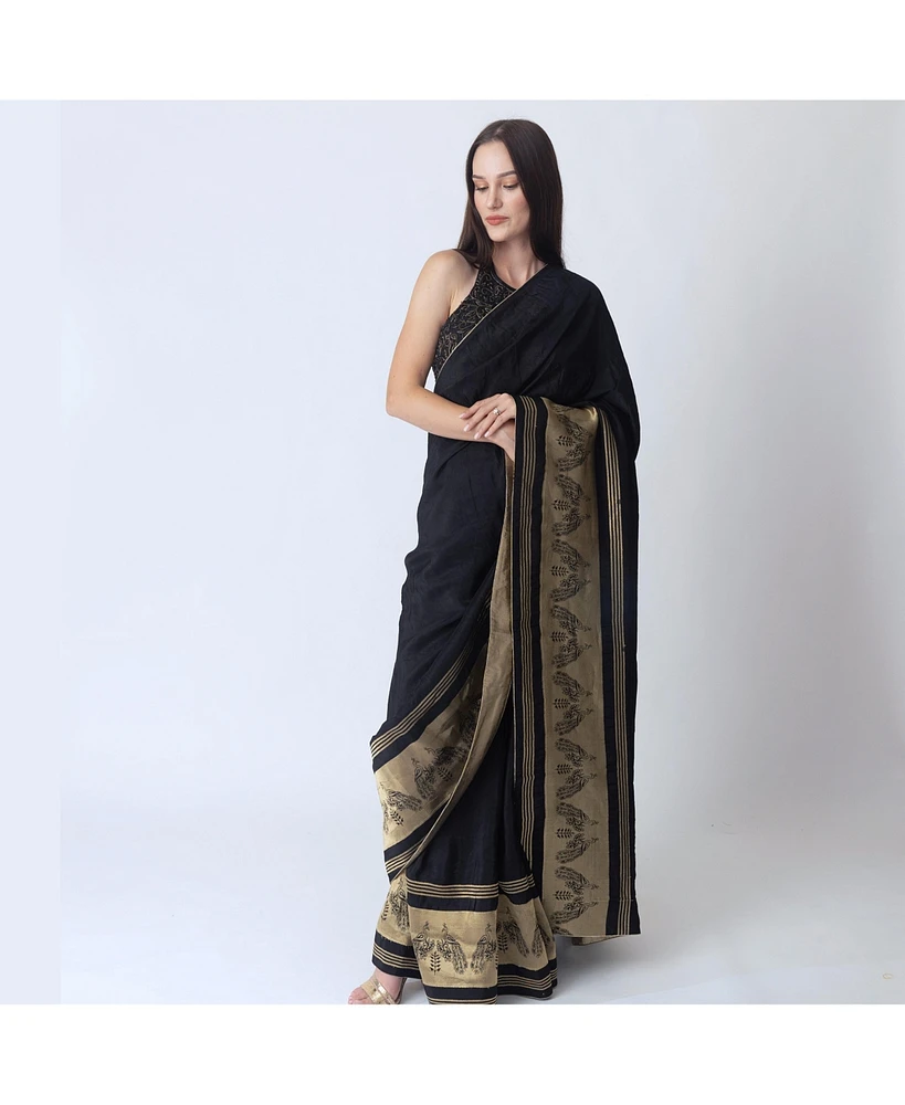 Raas Women's Black Silk Pre-Stitched Saree with Jacquard Weave Border and Hand Embroidered Blouse