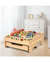 Sugift Children's Wooden Railway Set Table with 100 Pieces Storage Drawers