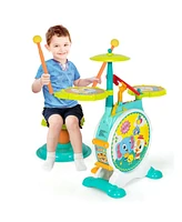 3 Pieces Electric Kids Drum Set with Microphone Stool Pedal