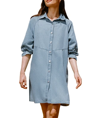 Cupshe Women's Light Blue Denim Collared Button Up Mini Shirt Beach Dress