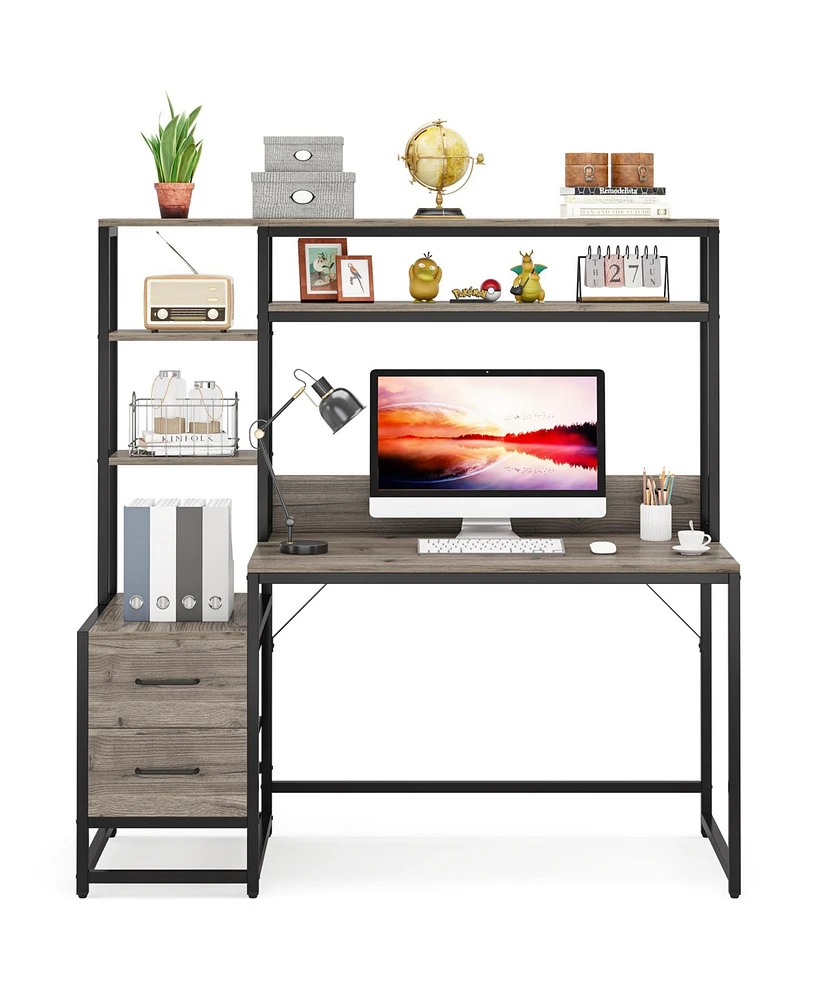 Tribesigns 55 Inch Computer Desk with 2 Drawers and Storage Shelves, Rustic Office Hutch, Study Writing Gaming Table Laptop Workstation for