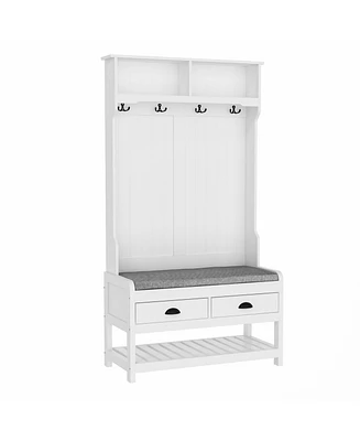 Famapy 68.5 in. White Wood 3-in-1 Hall Tree Coat Rack Storage Bench with 4-Metal Double Hooks and 2-Drawers, Shelves