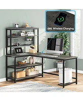 Tribesigns 55" Large Computer Desk with Wireless Charging 5 Storage Shelves, Office Desk Study Table Writing Desk Workstation with Hutch Bookshelf for
