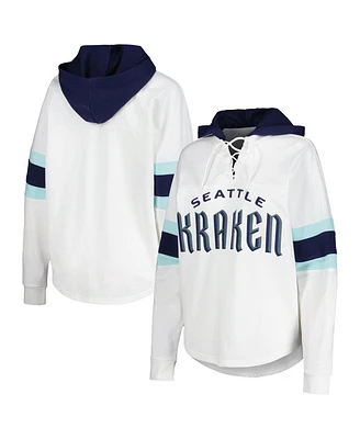 G-iii 4Her by Carl Banks Women's White/Deep Sea Blue Seattle Kraken Goal Zone Long Sleeve Lace-Up Hoodie T-Shirt