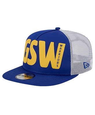 New Era Men's Royal Golden State Warriors Puff Print Team Code A-Frame 9FIFTY Trucker Snapback Hat