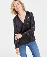 On 34th Women's Rhinestone Satin Button-Up Shirt, Created for Macy's