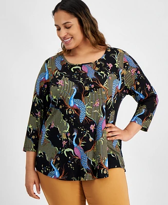 Jm Collection Plus Paradise Peacock Top, Created for Macy's