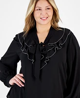 Kasper Plus Beaded Ruffle-Neck Long-Sleeve Blouse