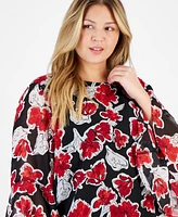 Kasper Plus Floral-Print Ruffle-Sleeve Blouse