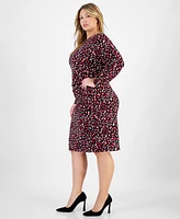 Kasper Plus Printed Boat-Neck Long-Sleeve Dress