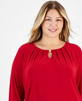 Kasper Plus Pleated Keyhole 3/4-Sleeve Blouse