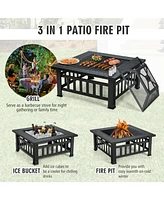 Skonyon 32 Inch 3 in 1 Outdoor Square Fire Pit Table with Bbq Grill and Rain Cover for Camping