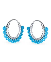 Bling Jewelry Petite Boho Bohemian Blue Gemstone Synthetic Turquoise Beaded Mimi Huggie Endless Hoop Earrings Western Jewelry For Women .925 Sterling