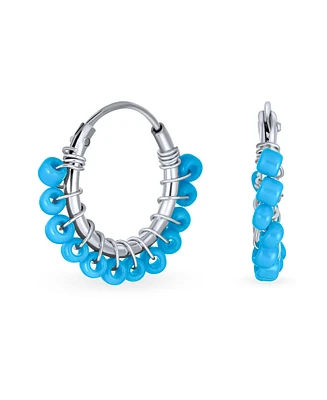 Bling Jewelry Petite Bohemian Synthetic Turquoise Beaded Mimi Huggie Endless Hoop Earrings For Women Sterling Silver