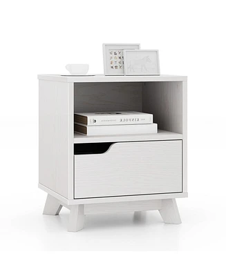 Skonyon Mid Century Modern Bedside Table with Storage Drawer and Open Shelf-White