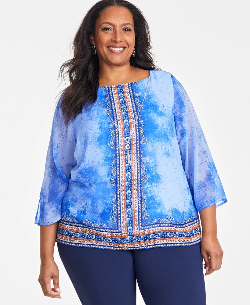 Jm Collection Plus Printed Split-Sleeve Necklace Top, Exclusively at Macy's