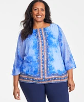 Jm Collection Plus Printed Split-Sleeve Necklace Top, Exclusively at Macy's