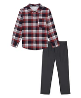 Calvin Klein Little Boys Long Short Sleeve Plaid Button-Front Shirt Prewashed Twill Pants 2-Piece Set