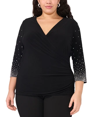 Msk Plus Surplice V-Neck Beaded-Sleeve Knit Top