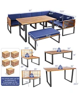 Sugift 8 Pieces Patio Acacia Wood Dining Table Set with Ottoman Cushions