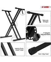 5 Core Keyboard Stand Double X Style Adjustable Piano Riser + Keyboard Piano Bench - Black