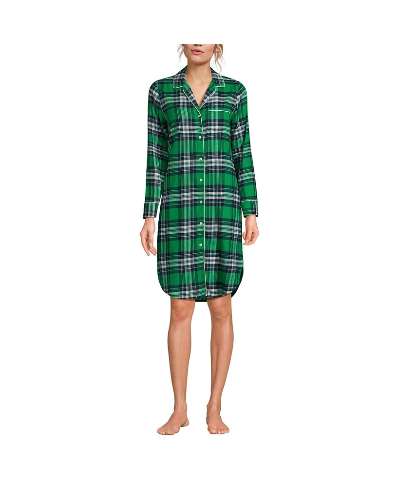 Lands' End Women's Drapey Flannel Long Sleeve Button Down Knee Length Sleepshirt Nightgown