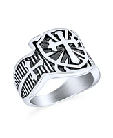 Bling Jewelry Religious Viking Shield Maltase Fleur De Lis Cross Signet Band Ring Oxidized Silver Tone Stainless Steel