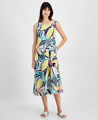 Charter Club Women's Woven Linen Printed Midi Dress, Created for Macy's