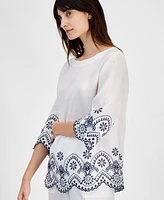 Charter Club Women's Cutwork-Trim Linen Shirt, Created for Macy's