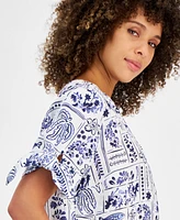 Charter Club Women's Ceramic-Print Split-Neck Linen Shirt, Created for Macy's