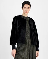 T Tahari Women's Crewneck Cropped Faux-Fur Jacket