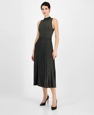 T Tahari Women's Metallic Mock-Neck Pleated Fit & Flare Dress