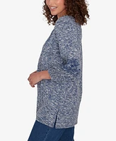 Ruby Rd. Petite Embroidered V-Neck Hatchi Spacedye Knit Top with Balloon Sleeves