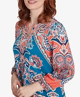 Ruby Rd. Petite Embellished Split Neck Baroque Motif Printed Hatchi Knit Top with Balloon Sleeves