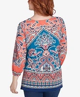 Ruby Rd. Petite Embellished Split Neck Baroque Motif Printed Hatchi Knit Top with Balloon Sleeves