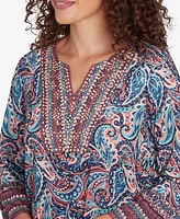 Ruby Rd. Petite Embellished Placket Paisley Print Slub Jersey Top