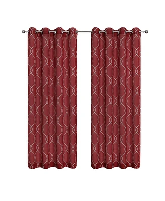 Kate Aurora 2 Piece Clarabelle Embroidered Lattice Matte Sheer Grommet Top Curtain Panels - 84 In. Long Red