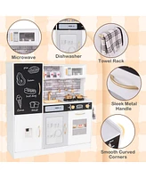 Gymax Play Kitchen Toy Set w/ Chalkboard Oven Sink Curtain Microwave Water Dispenser