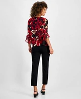 Kasper Floral Print Bell Sleeve Top Pull On Pants