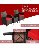 3 Pieces Patio Cushioned Rattan Conversation Set With Glass Table Top