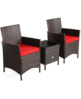 3 Pieces Patio Cushioned Rattan Conversation Set With Glass Table Top
