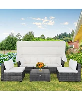 Vebreda 6 Pieces Patio Rattan Furniture Set with Retractable Canopy