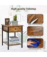 Sugift Industrial End Side Table Nightstand with Drawer Shelf-Rustic Brown