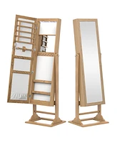 Givimo Freestanding Lockable Jewelry Armoire with Full-Length Mirror and 6 Led Lights-Natural