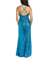 Morgan & Company Juniors' Sequin Draped Scoop Neck Sleeveless Gown