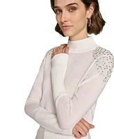Karl Lagerfeld Paris Women's Embellished-Shoulder Mock Neck Sweater