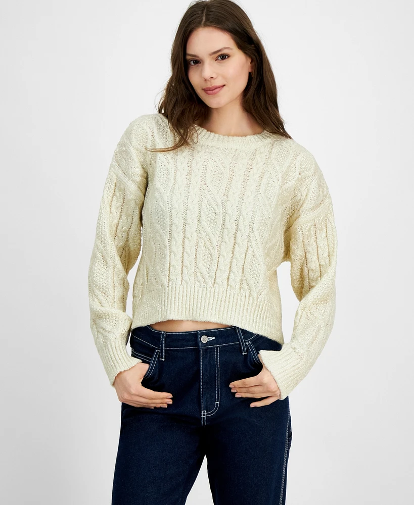 Hooked Up by Iot Juniors' Shine Cable-Knit Crewneck Sweater