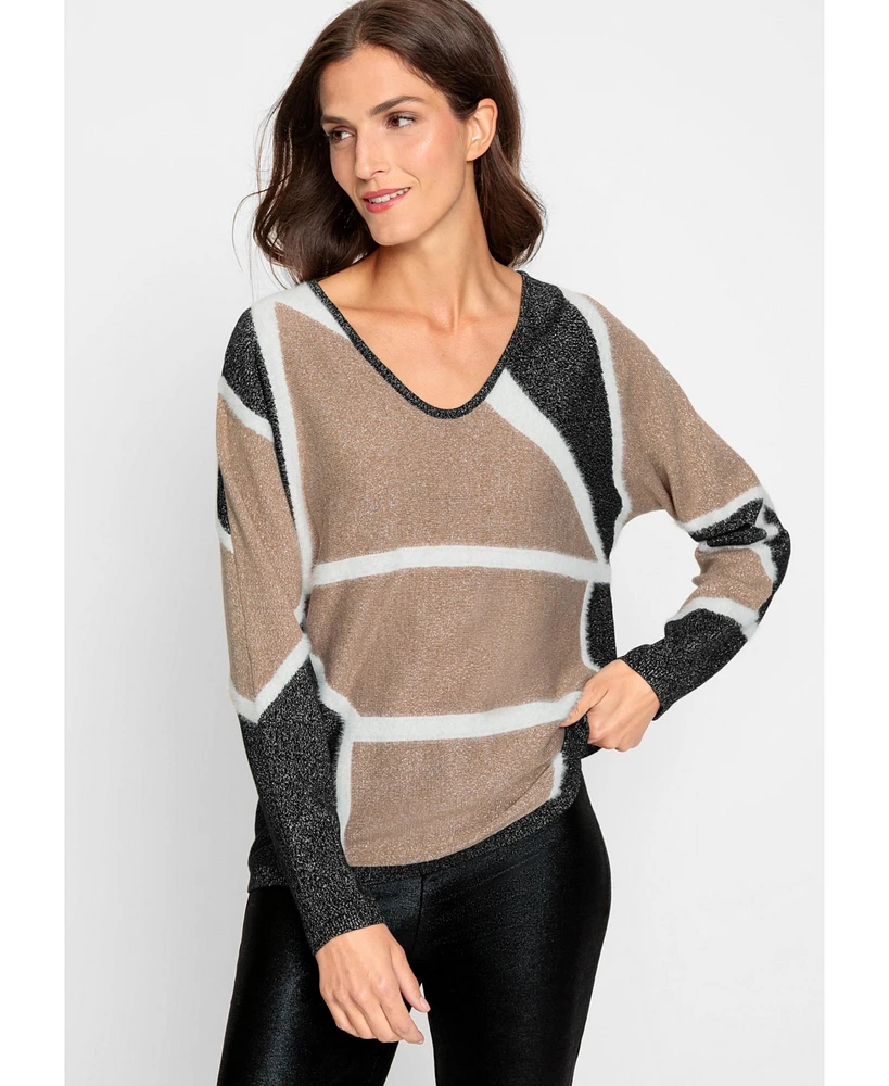 Olsen Women's Cotton Blend Long Sleeve Geo Lurex Sweater