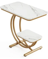 Tribesigns Modern Side Table with Faux Marble Tabletop, 2-Tier End Table with C-Shaped Metal Legs for Living Room, White and Gold